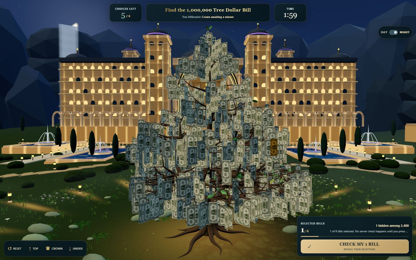 The bill-covered tree and illuminated courtyard in night lighting