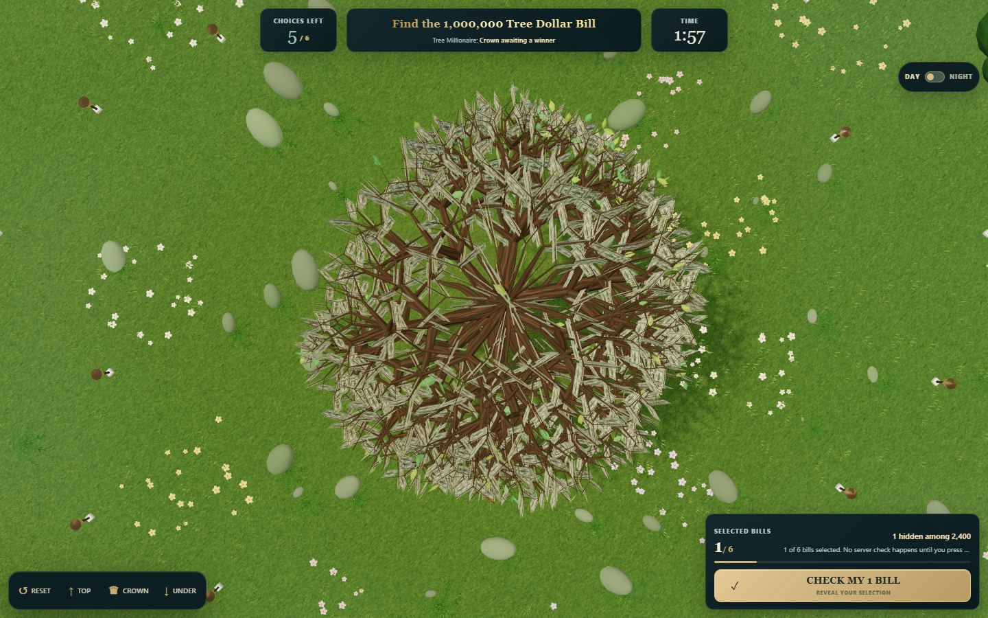 Top camera view showing overlapping bills in the tree canopy